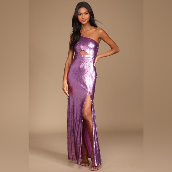 Lulu’s Prom Perfect Pink Purple Sequin One-Shoulder Cutout Mermaid Maxi Dress - Picture 3 of 9